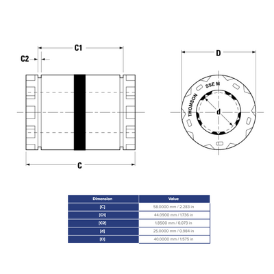 SSEM25 THOMSON BALL BUSHING<BR>SSE SERIES 25MM CLOSED LINEAR BEARING SELF ALIGNING ADJUSTABLE 1506.2 LBF